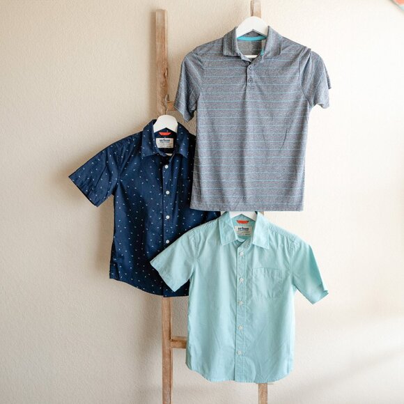 EUC! Bundle of 3 Shirts Boys SzM 8-10 Collar Short Sleeve Blue Aqua Gray Poplin - Picture 1 of 10